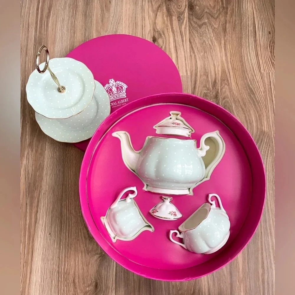 Royal Albert Polka Dot Tea Set with Tiered Cake Stand & Pink Gift Box – LNC